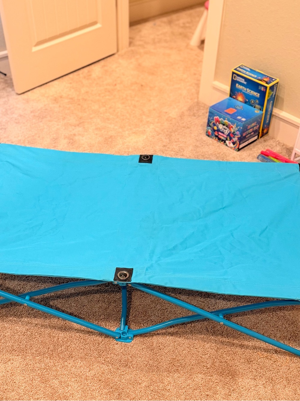 Foldable Blue Kids Play Cot - Lightweight Portable Bed